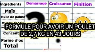 FORMULE OU COMPOSITION DALIMENT POUR AVOIR 27 KG DE POULET DE CHAIR EN 43 JOURS [upl. by Ozner215]