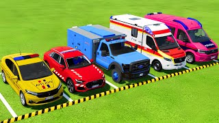 TRANSPORTING POLICE CARS FIRE DEPARTMENT AMBULANCE WITH TRUCKS  Farming Simulator 22 [upl. by Helene]