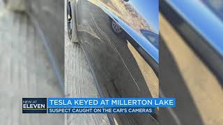 Teslas camera captures man vandalizing vehicle in California [upl. by Moya]