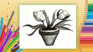 Pencil drawing flowers easy step by step  Flower pot drawing with pencil drawing [upl. by Haleehs508]