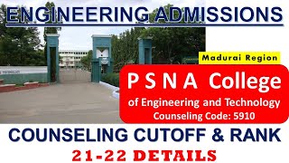 P S N A College of Engineering and TechnologyTNEA Engineering Counseling cutoffRankpsna [upl. by Ulric]