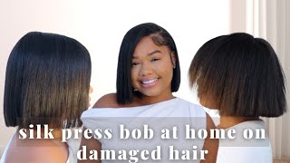 SILK PRESS BOB ON NATURAL DAMAGED HAIR AT HOME  JadynnJone [upl. by Gregg94]