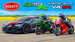 Bugatti Chiron SS v Kawasaki H2R v Ducati Panigale SP2 DRAG RACE [upl. by Fabri]