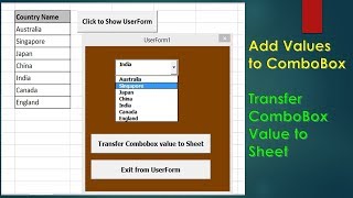 Excel VBA Combobox  Adding data to ComboBox and Transfer value from ComboBox to Sheet [upl. by Jaclin]