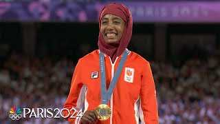 Sifan Hassan takes in medal ceremony after winning women’s marathon gold  Paris Olympics [upl. by Massiw492]