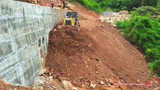 Bulldozer SHANTUI Clearing Dirt Stones With Dump Trucks And Excavator Building New Road On Mountains [upl. by Abdulla584]