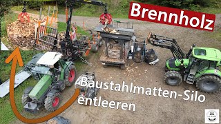 Brennholz BaustahlmattenSilo mit Polypgreifer und Rückewagen entleeren  BMF14T2Pro  Fendt 511C [upl. by Zetneuq468]