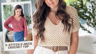 VStitch VNeck Crochet Summer Top Seamless TopDown Construction long and short sleeve pattern [upl. by Packton]