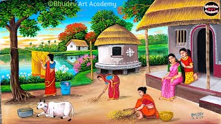 Beautiful Village Landscape Scenery Painting Indian Village Scenery Painting With EarthWatercolor [upl. by Eerol]