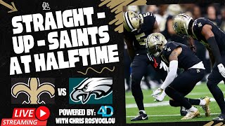 Saints Offense Struggling vs Eagles Erik McCoy Injury Could Be Huge Problem  LIVE HALFTIME SHOW [upl. by Mae7]