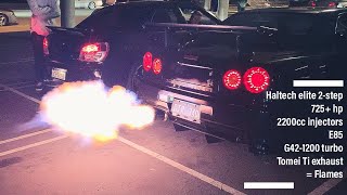 Big flames R34 GTR G42 turbo 2stepping at a car meet [upl. by Sclater]