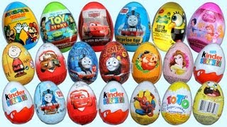 20 Surprise Eggs Kinder Surprise Disney Pixar Cars 2 Thomas Spongebob [upl. by Nerua]