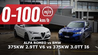 2022 BMW X3 M Competition vs Alfa Romeo Stelvio Quadrifoglio 0100kmh amp engine sound [upl. by Annayk]