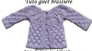 TUTO GILET BRASSIERE COL FEUILLE TOUTES TAILLES TRICOT FACILE baby vest jacket easy knitting [upl. by Leahsim]