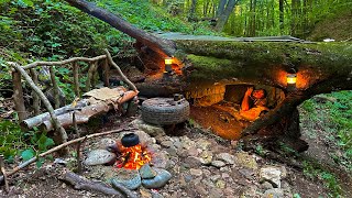 Bushcraft SURVIVAL Shelter Building a Natural Dugout inside Big Tree Fish Cooking ASMR Camping [upl. by Ogilvie]