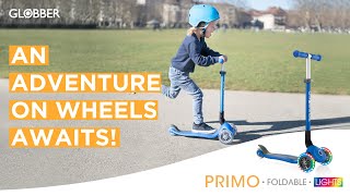 Globber PRIMO FOLDABLE LIGHTS 3 wheel foldable scooter for kids 2019 film [upl. by Helm]