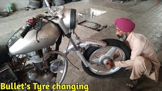 Bullets Tyre Changing process MRF front tyre of bullet moter bike  mrf tyre [upl. by Sheppard924]