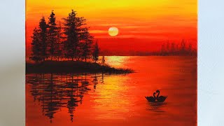 Sunset Painting  Sunset Painting for Beginners  Sunset on the Lake Acrylic Painting [upl. by Giacobo]