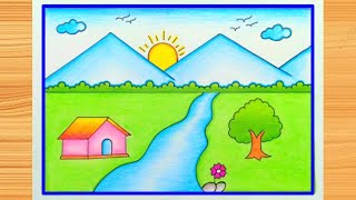 प्राकृतिक दृश्य चित्र बनाना सीखें  Scenery drawing How to draw landscape very easy landscape easy [upl. by Ahsitahs]