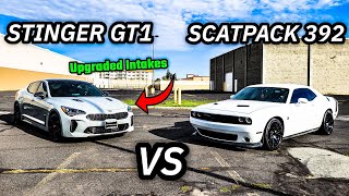 KIA STINGER GT1 CALLS OUT MY SCATPACK CHALLENGER 392 A MUST WATCH RACE [upl. by Ruon]