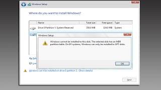 Windows cannot be installed to this disk the selected disk has an MBR partition table [upl. by Drofwarc]