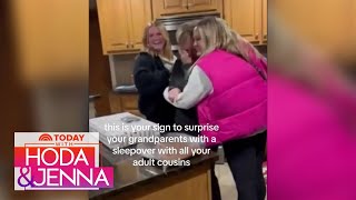 Adult cousins sweetly surprise grandparents with a slumber party [upl. by Tess]