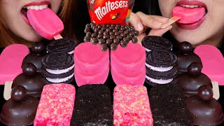 ASMR BLACK PINK DESSERTS DARK CHOCOLATE MALTESERS MARSHMALLOW CAKE BARS MINT ICE CREAM SANDWICHES [upl. by Eahsat]