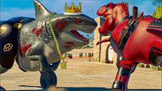 Deadpool Red Hulk DC King Shark Iron Man in Superhero Dinosaur Battle  JWE 2 Best mods in Game [upl. by Ruenhs]