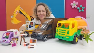 Nicole und Spielzeugautos  Neue Einsätze für den Bagger den Krankenwagen und den Lieferwagen [upl. by Unders]