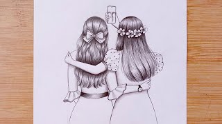 Easy Drawing  Two friends are taking a selfie  Best friends  BFF  besties Pencil sketch [upl. by Blinny]