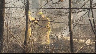 Crews battle brush fire in Richmondville [upl. by Aerdnwahs]