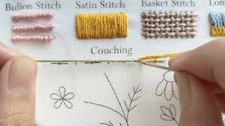 Learning embroidery Couching Stitch sample [upl. by Aremmat]