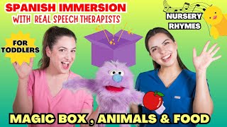 Learn Core Language in Spanish  Magic Box Animals Food and Songs  Spanish Immersion for Toddlers [upl. by Idyak]