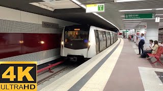 4KBucharest MetroBOMBARDIER trains LiliaculCrinulNufărulVioleta at Romancierilor station on M5 [upl. by Afira]