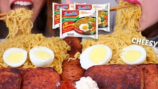 ASMR CHEESY INDOMIE MI GORENG NOODLES  SPAM 라면 리얼사운드 먹방  KimampLiz ASMR [upl. by Eldon]