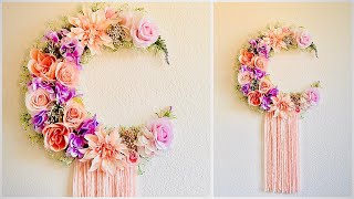 DIY Nursery Decor Ideas Wool and Flower Wall Hanging  Easy Baby Room Decor  Moon Wreath [upl. by Reginald]