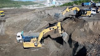 Caterpillar 385C And Caterpillar 352F Excavators Loading Trucks  Aerial Video  Ascon Ltd [upl. by Akilegna199]