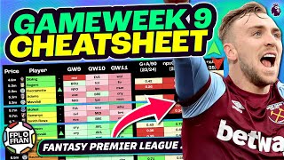 FPL GW9 CHEATSHEET  Fantasy Premier League 2425 [upl. by Romanas]