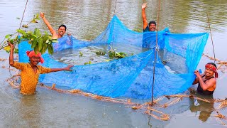 Village style net fishing and cooking  village fishing video  Prawn fish catch and cook [upl. by Neersin]