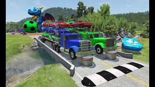 Double Flatbed Trailer Truck vs Speedbumps Tractor vs Cars Tractor vs Train [upl. by Tannenbaum644]