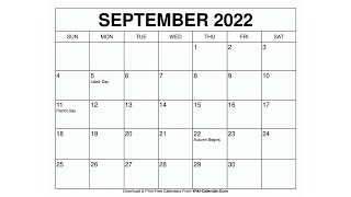 Printable September 2022 Calendar Templates with Holidays  Wiki Calendar [upl. by Avitzur]