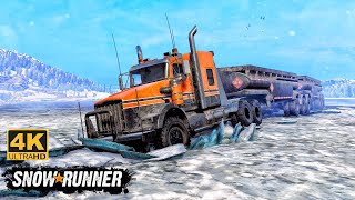 Transporting Fuel Tank Double Trailer With Kenworth T800 On Ice Road In SnowRunner Season 14 [upl. by Best]