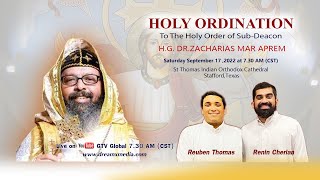 Holy Ordination to The Holy Order of SubDeacon  Renin Cherian and Reuben Thomas [upl. by Lahcear]