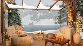 Winter Cozy Terrace Ambience with Porch Fireplace and Falling Snow Sounds for Relaxation and Sleep [upl. by Yrakaz]