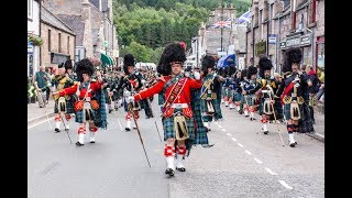 Massed Pipes amp Drums parade through Deeside town to start the Ballater Highland Games 2018 [upl. by Acnaib]