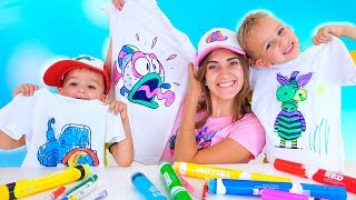 Vlad Nikita and Mom paint Tshirts and caps 3 Marker Challenge [upl. by Bathulda]