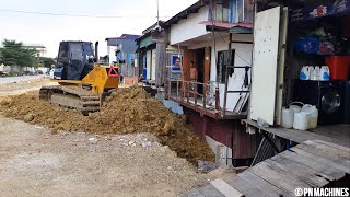 Old Video Technique Skills Dozer Komatsu Pushing Stone Building Foundation Road in the Village [upl. by Norved105]