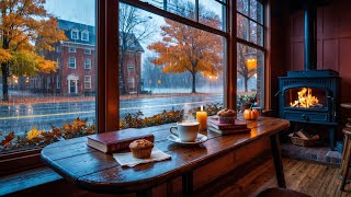 Cozy Autumn Coffee Shop 🍂 ☕ Perfect Fall Ambience  Rain amp Fire Sounds for Sleep or Focus  Ambient [upl. by Nylra]