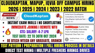 Direct Test Hiring  CloudKaptan MapUp IQVIA KraftPixel Hiring  OFF Campus Drive 20262022 Batch [upl. by Eirol]