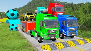 Double Flatbed Trailer Truck vs Speedbumps Train vs Cars  Tractor vs Train BeamngDrive 058 [upl. by Torrin450]